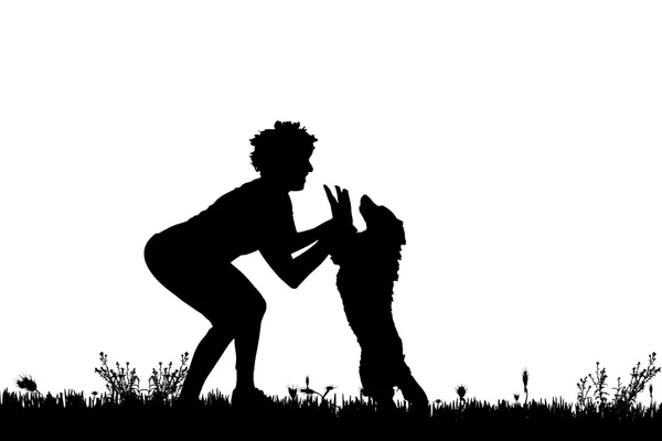 Silhouette d'une femme avec un chien . — Image vectorielle