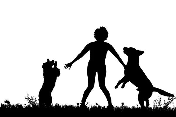 Silhouette d'une femme avec un chien — Image vectorielle