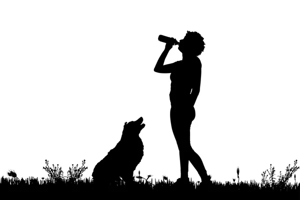 Silhouette d'une femme avec un chien . — Image vectorielle