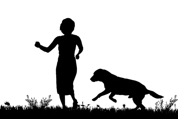 Silhouette of a woman with a dog. — Stock Vector