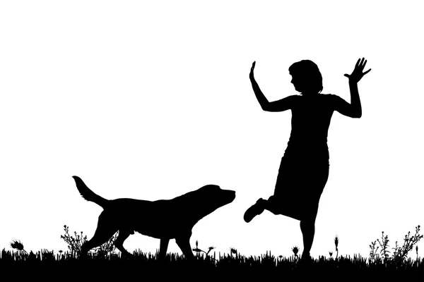 Silhouette d'une femme avec un chien . — Image vectorielle