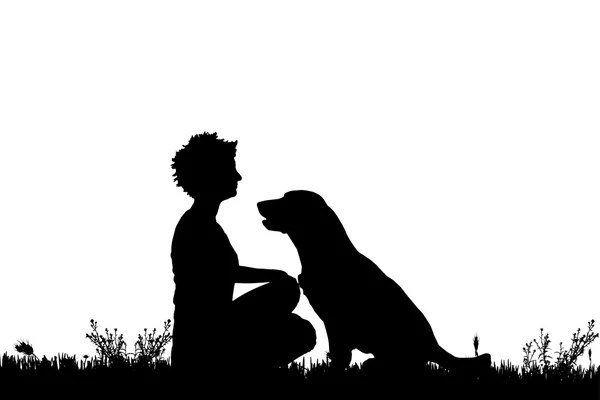 Silhouette d'une femme avec un chien . — Image vectorielle