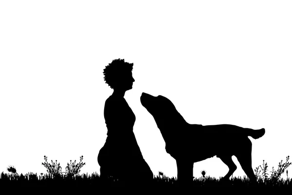 Silhouette d'une femme avec un chien . — Image vectorielle