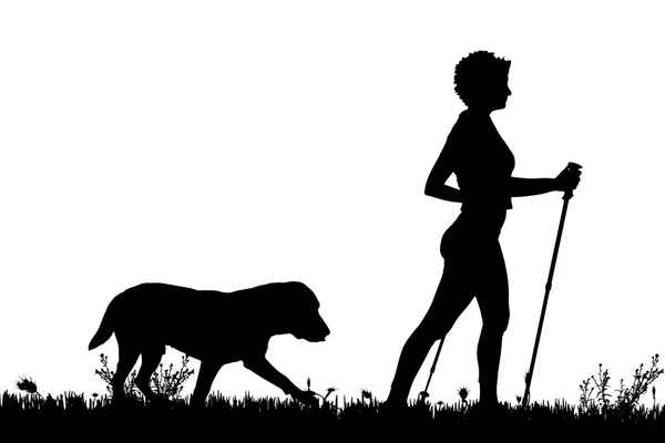 Silhouette d'une femme avec un chien . — Image vectorielle