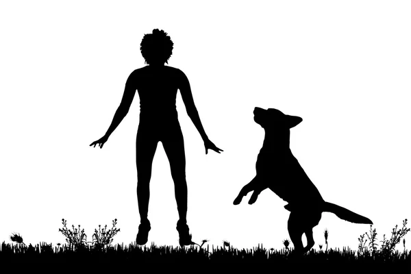 Silhouette di una donna con un cane . — Vettoriale Stock