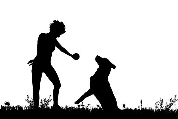 Silhouette d'une femme avec un chien . — Image vectorielle