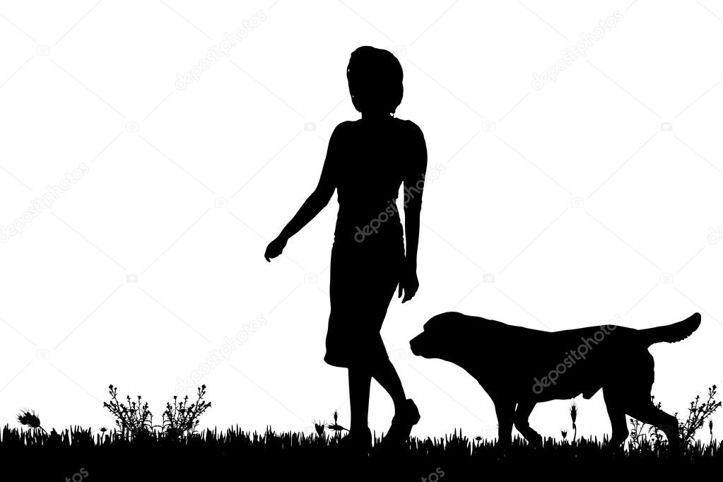 Silhouette einer Frau mit Hund. lizenzfreie Grafiken