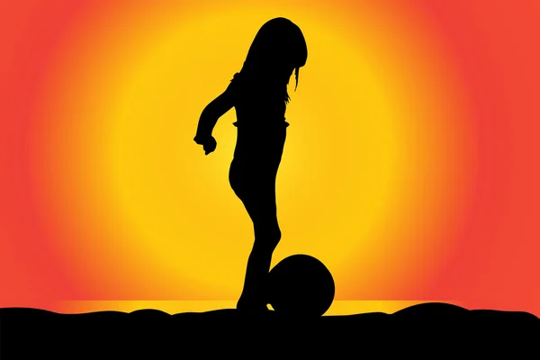 Silhouette of girl on a beach at sunset. — Stock Vector