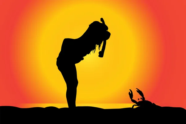 Silhouette de fille sur une plage au coucher du soleil . — Image vectorielle