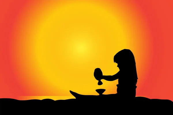 Flicka på en strand i solnedgången — Stock vektor