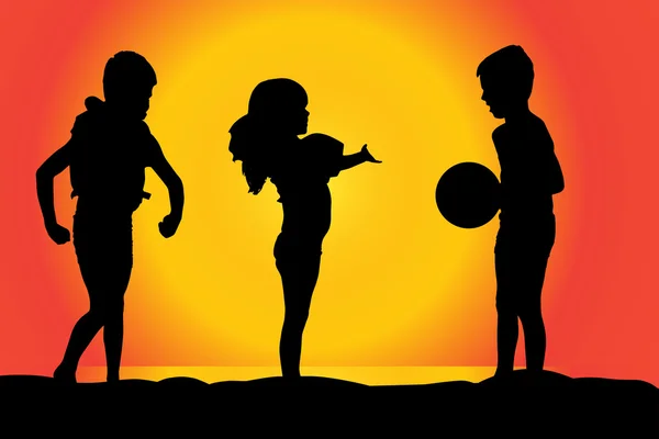 Silhouette d'enfants sur une plage — Image vectorielle