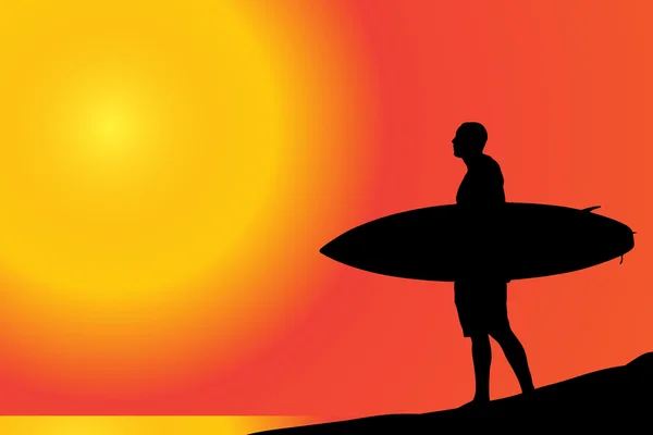 Homem com prancha de surf na praia. —  Vetores de Stock