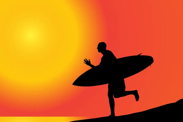 Homme avec planche de surf sur la plage. — Image vectorielle