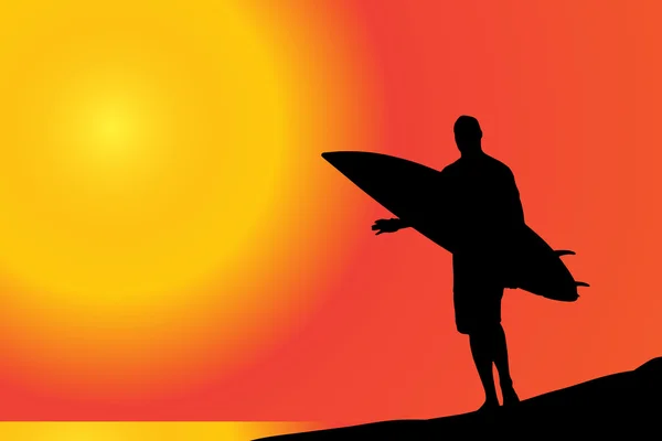 Hombre con tabla de surf en la playa. — Vector de stock