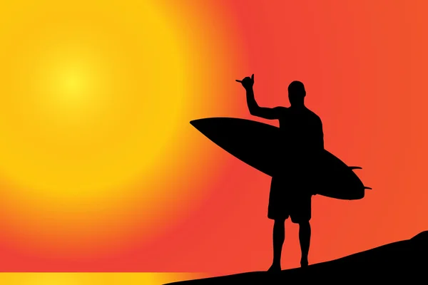 Sahilde sörf tahtası olan bir adam.. — Stok Vektör