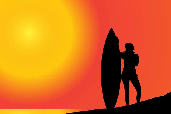 Mujer con tabla de surf en la playa. — Vector de stock