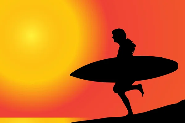 Femme avec planche de surf sur la plage. — Image vectorielle