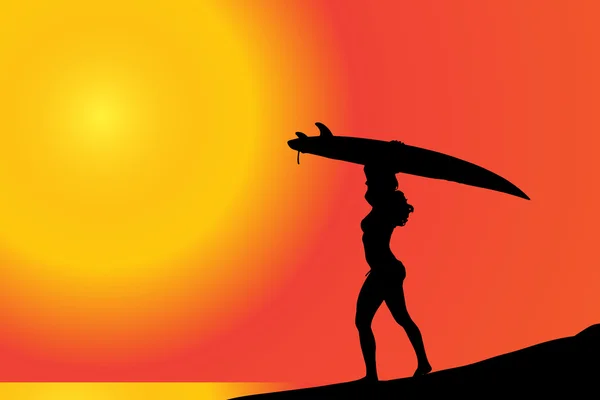 Mujer con tabla de surf en la playa. — Vector de stock