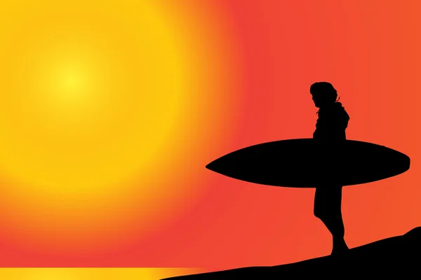 Woman with surfboard on the beach. — Stock Vector