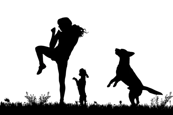 Silhouette einer Frau mit Hund — Stockvektor