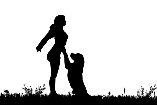 Silhouette d'une femme avec un chien . — Image vectorielle