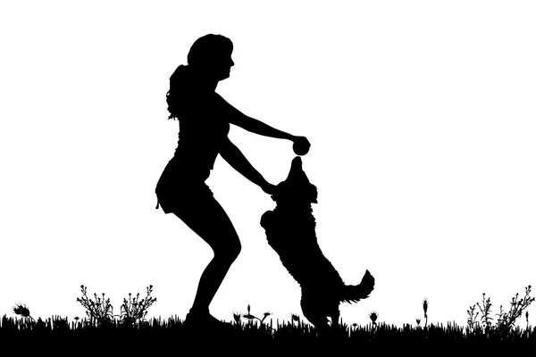 Silhouette d'une femme avec un chien . — Image vectorielle