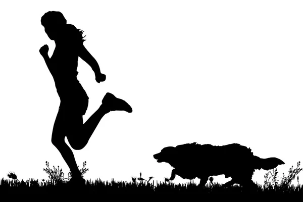 一个女人和一条狗的剪影. — 图库矢量图片