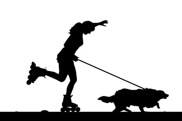 Женщина на роликах с его собакой . — стоковый вектор