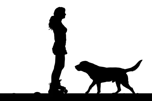 Mujer en patines con su perro . — Vector de stock