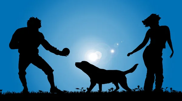 Silhouette eines Paares mit Hund. — Stockvektor