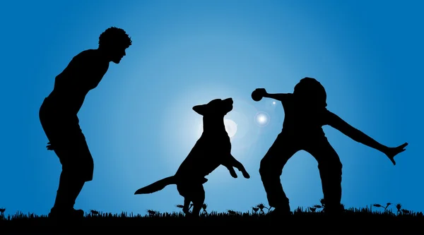 Silhouet van een paar met een hond. — Stockvector