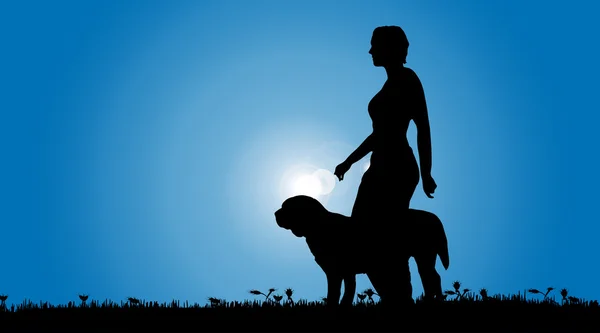 Silhouet van een vrouw met een hond. — Stockvector