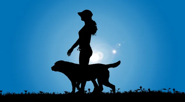 一个女人和一条狗的剪影. — 图库矢量图片