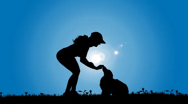 Silhouette di una donna con un cane . — Vettoriale Stock