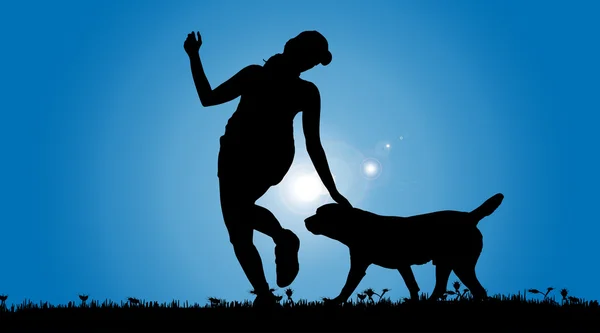 Σιλουέτα μιας γυναίκας με ένα σκυλί. — Διανυσματικό Αρχείο
