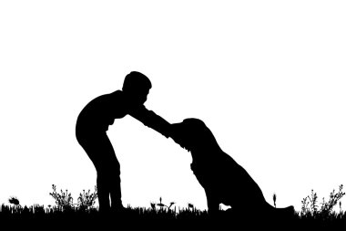 bir köpek ile bir çocuk silüeti.