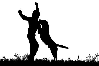 bir köpek ile bir çocuk silüeti.