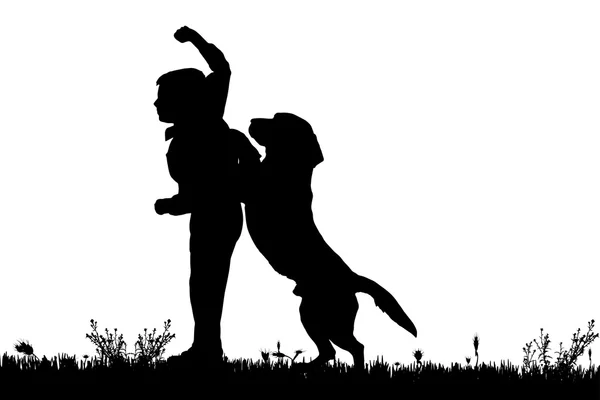 Silueta de un niño con un perro . — Archivo Imágenes Vectoriales