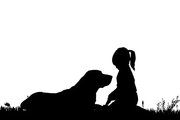 Silhouette d'un enfant avec un chien . — Image vectorielle