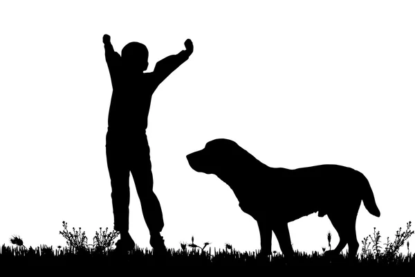 Silhouette eines Kindes mit Hund. — Stockvektor