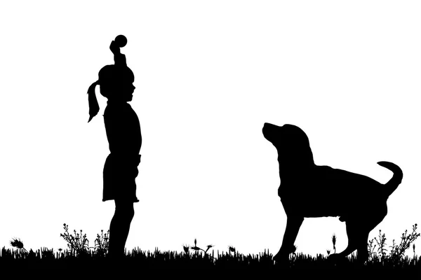 Silhouette eines Kindes mit Hund. — Stockvektor