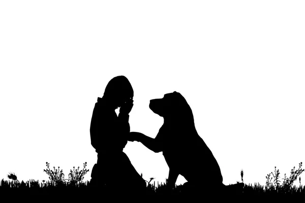 Silhouette di un bambino con un cane . — Vettoriale Stock
