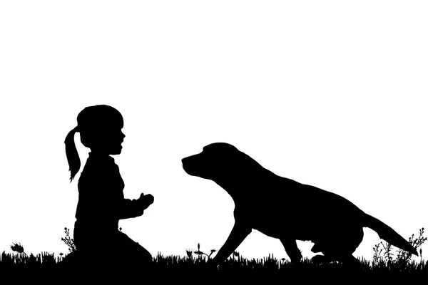 Σιλουέτα ενός παιδιού με ένα σκυλί. — Διανυσματικό Αρχείο