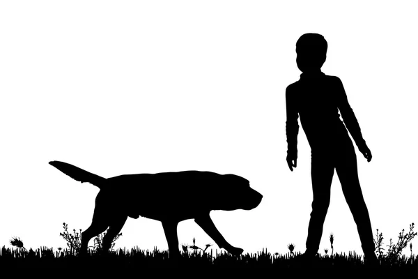 Silhouette of a child with a dog. — Stock Vector