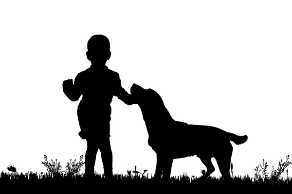 Silhouette of a child with a dog. — Stock Vector