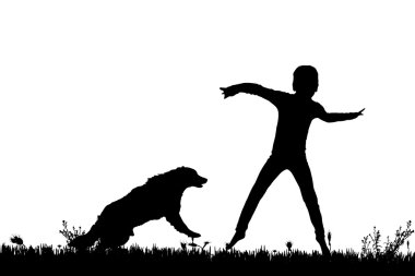 bir köpek ile bir çocuk silüeti.