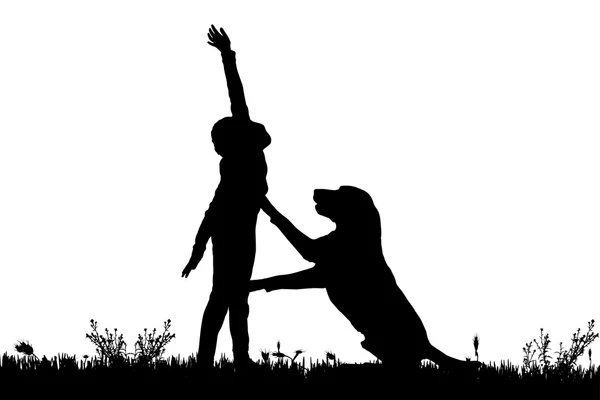 Silhouet van een kind met een hond. — Stockvector