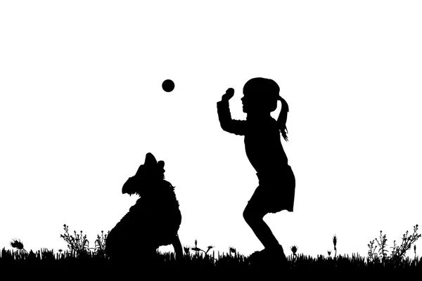 Silhouet van een kind met een hond. — Stockvector