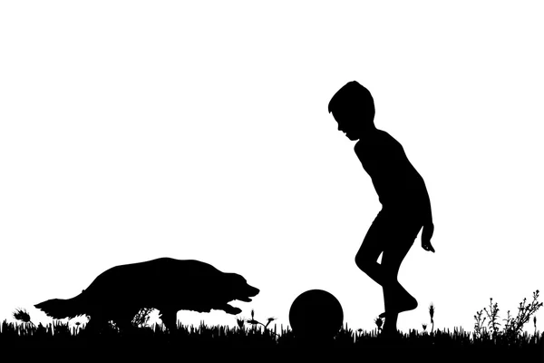 Silhouette d'un enfant avec un chien . — Image vectorielle