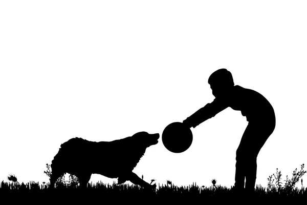 Silhueta de uma criança com um cão . — Vetor de Stock